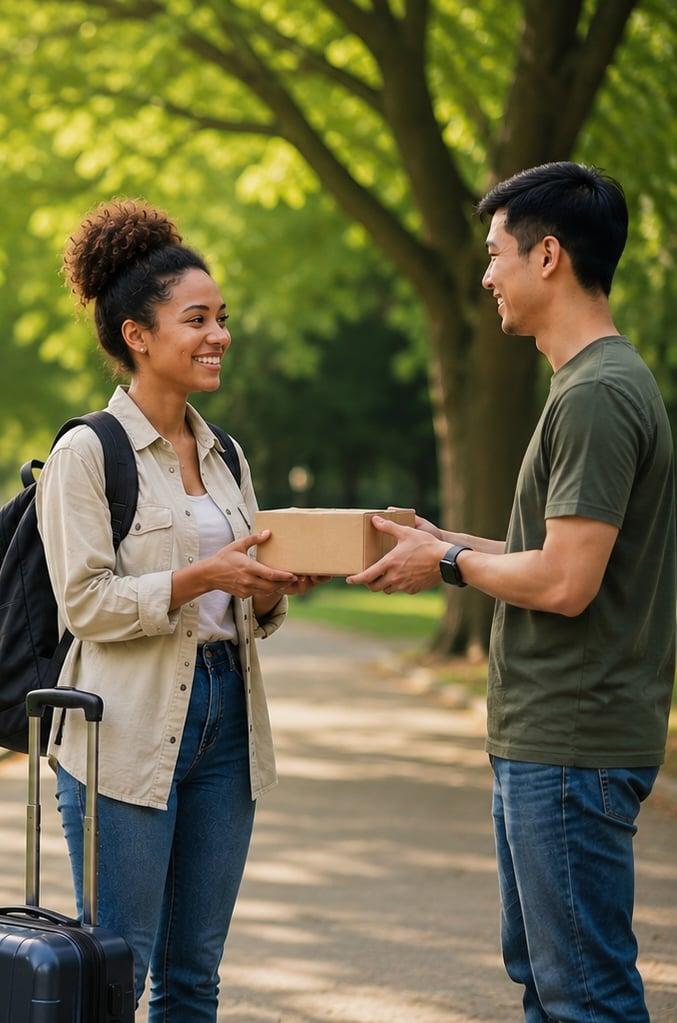 A sender handing a package to a traveler with a suitcase in a sunny park
