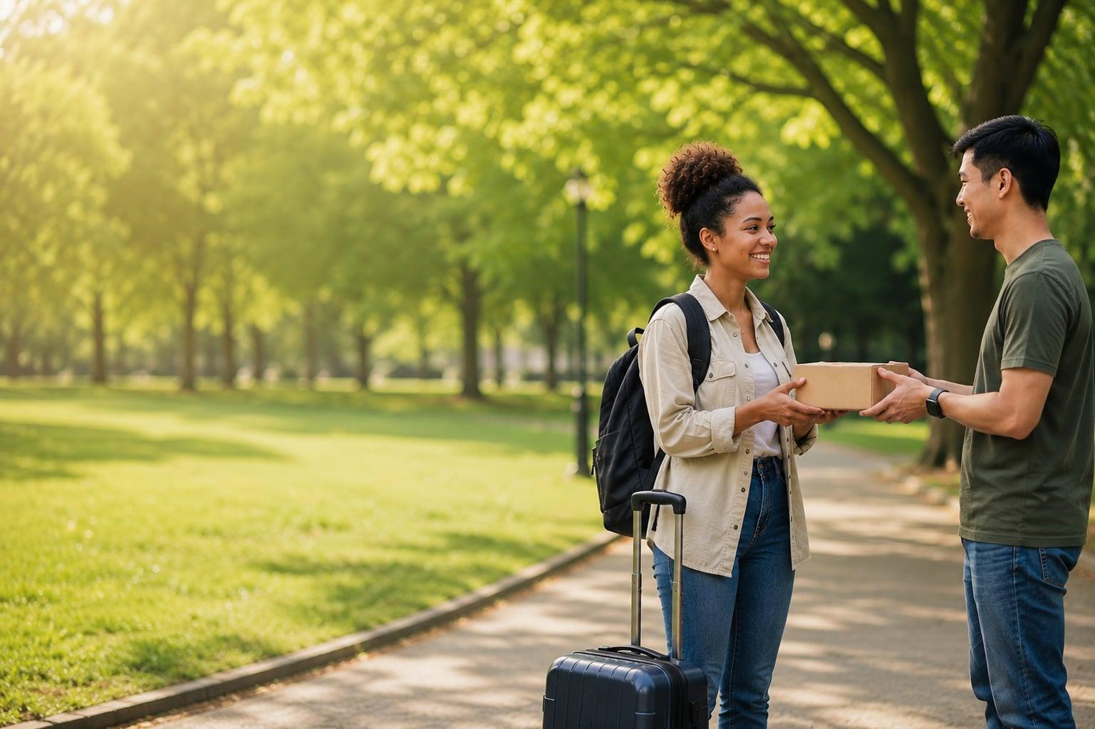A sender handing a package to a traveler with a suitcase in a sunny park